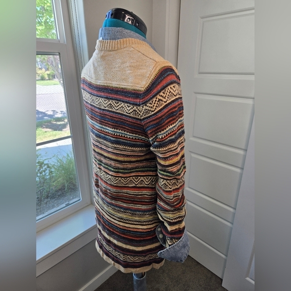 EDDIE BAUER LONG LINE BUTTON FRONT CARDIGAN COTTON SWEATER TAN STRIPE WOMEN S - Picture 6 of 15